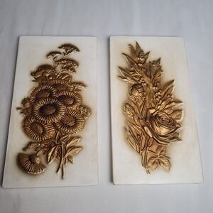 Vintage 1960's Lefton Ceramic Gold Tone Floral Wall Hangings Set Of 2